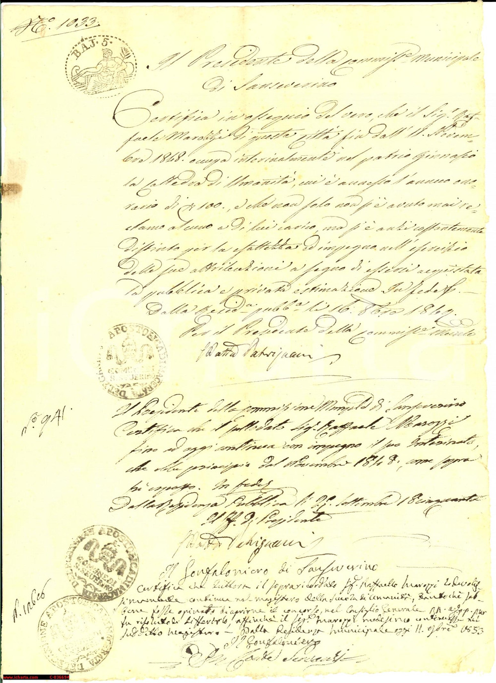 Documento originale, autentico 1849 SAN SEVERINO MARCHE (MC) moralitÃ  del prof.MAROZZI 1