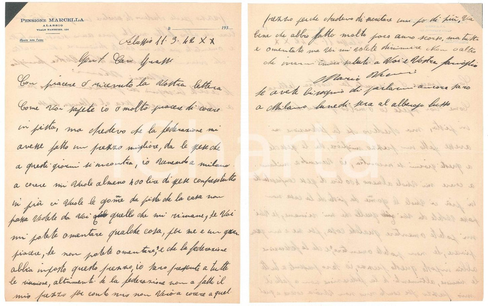 Autografo originale 1942 CICLISMO ALASSIO Lettera Mario VICINI per aumento ingaggio  AUTOGRAFO 1