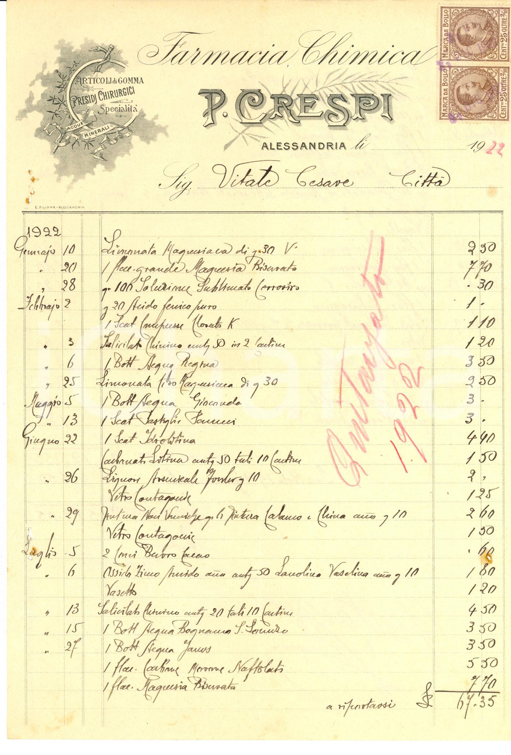 Documento originale, autentico 1922 ALESSANDRIA Farmacia chimica P. CRESPI - Ricevuta 1