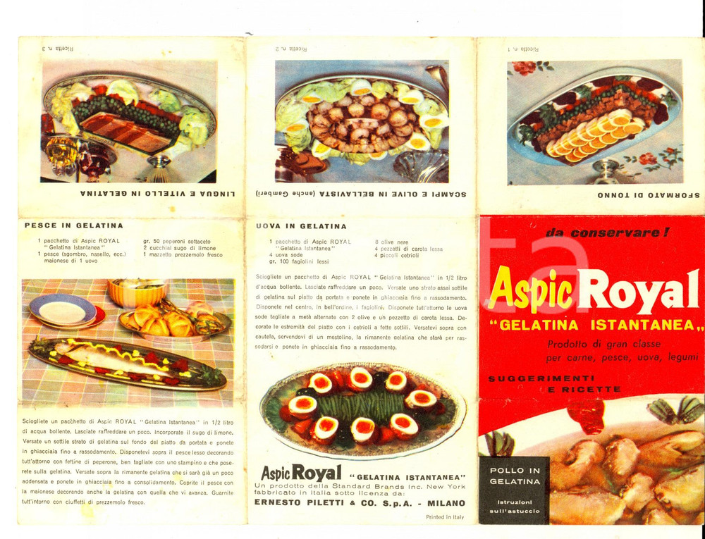 Materiale pubblicitario d’epoca 1970 ca MILANO Ditta Ernesto PILETTI Gelatina istantanea ASPIC ROYAL Pieghevole 1