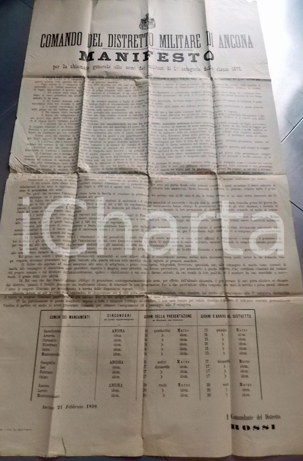 Documento originale, autentico 1899 ANCONA Chiamata alle armi militari 1 categoria classe 1878 Manifesto 1