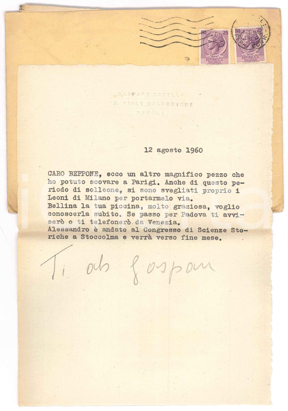 Autografo originale 1960 NAPOLI Gaspare CASELLA rintraccia autografo di Alessandro Volta  Autografo 1