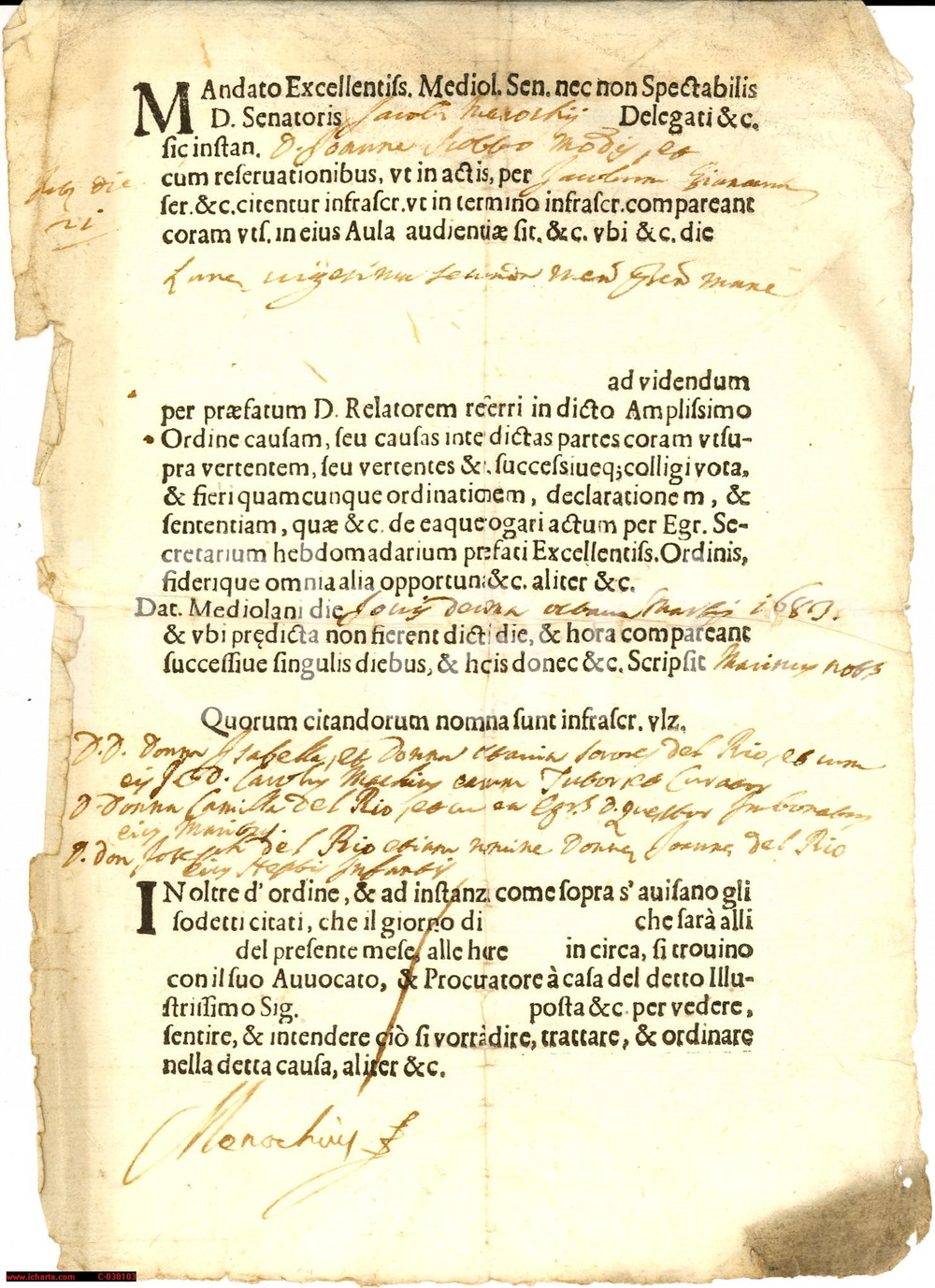 Documento originale, autentico 1683 MILANO Mandato comparizione causa nobili DEL RIO Documento 1