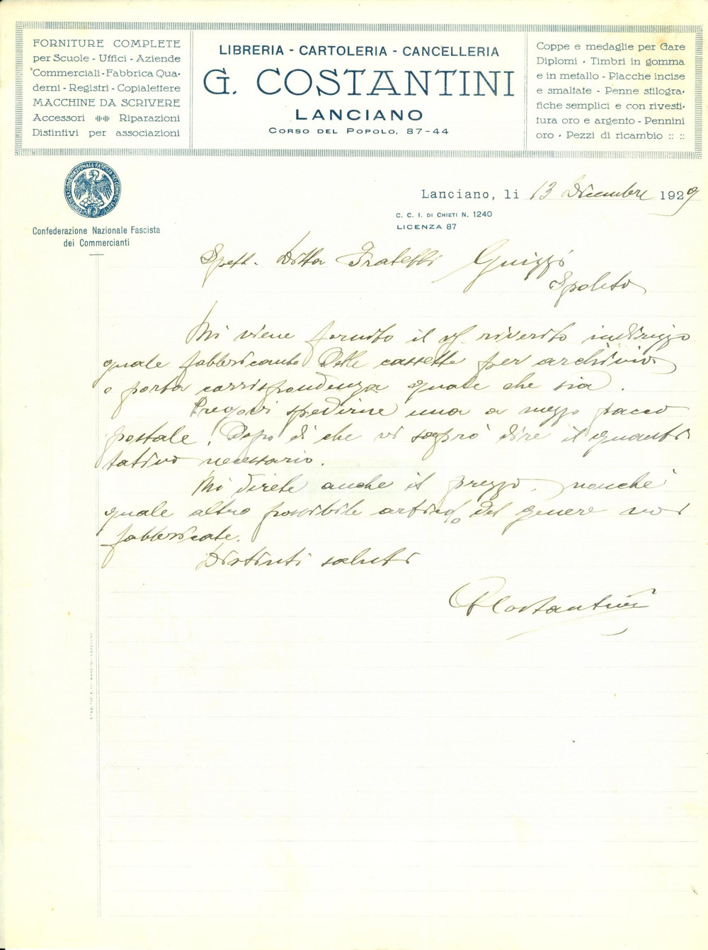 Documento originale, autentico 1929 LANCIANO CH Libreria cartoleria COSTANTINI ordina cassetta per archivi 1
