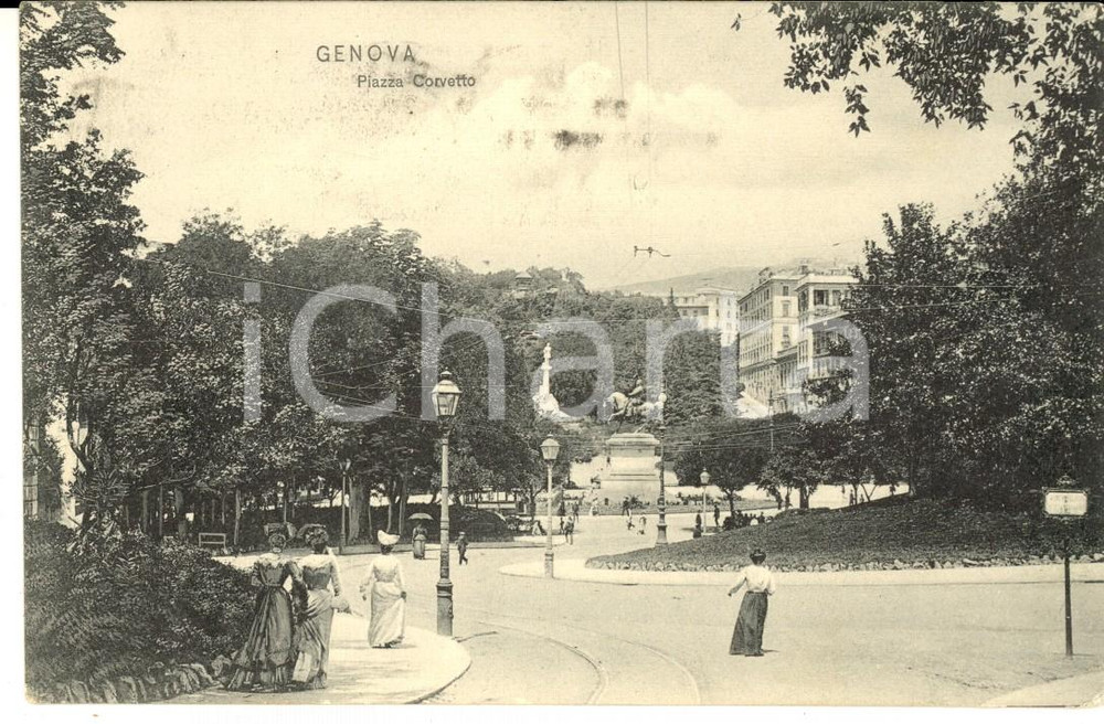 Cartolina originale da collezione 1906 GENOVA Veduta di Piazza CORVETTO Cartolina ANIMATA donne FP VG 1
