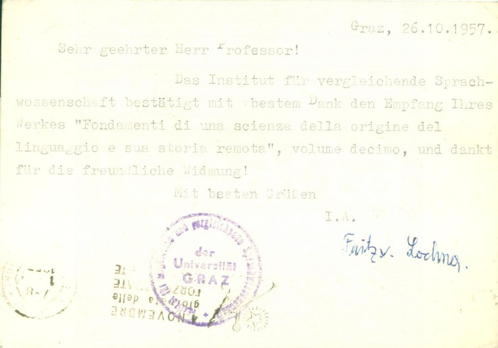 Autografo originale 1957 GRAZ Fritz LOCHNER VON HUTTENBACH ringrazia per invio di opere AUTOGRAFO 1