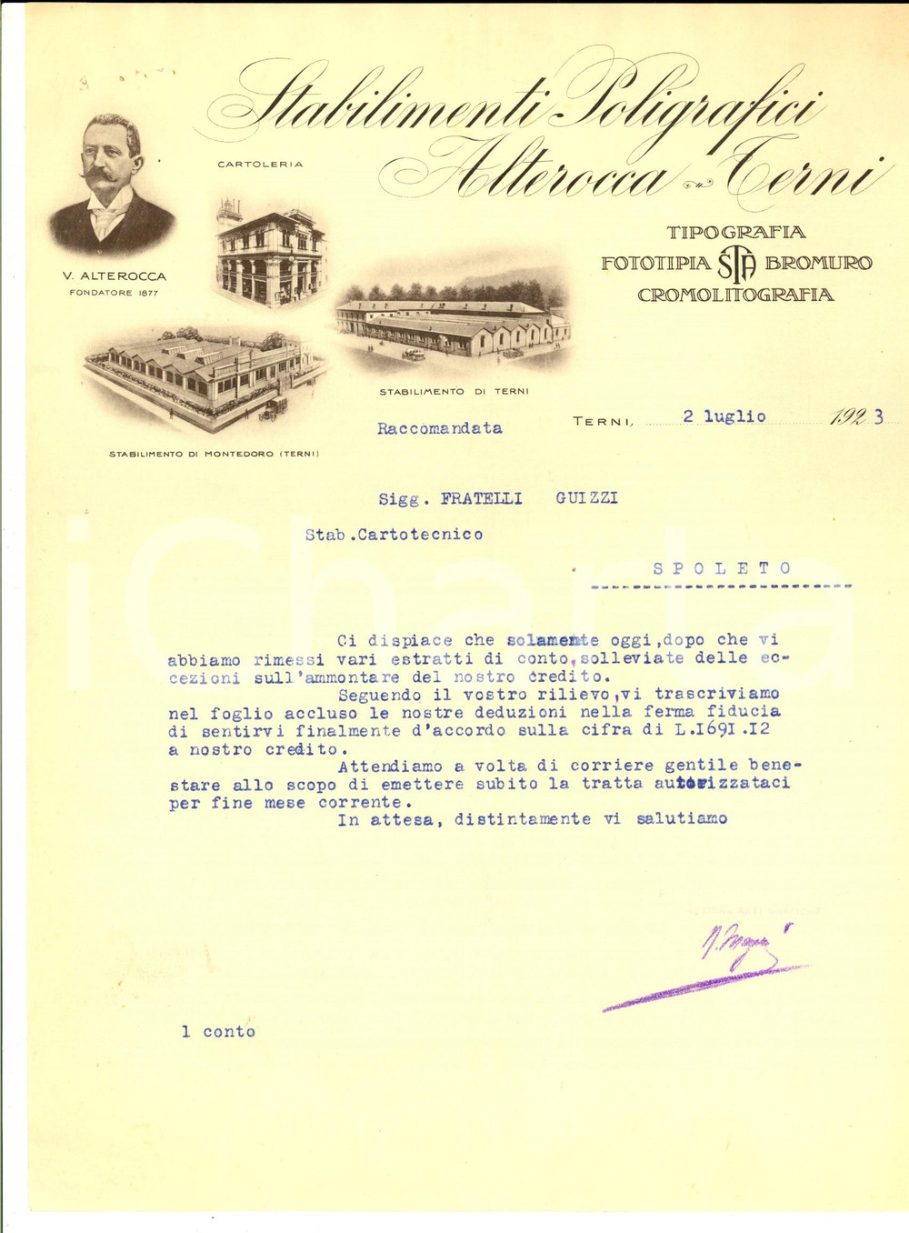 Documento originale, autentico 1923 TERNI Stabilimenti Poligrafici ALTEROCCATERNI Lettera commerciale 1