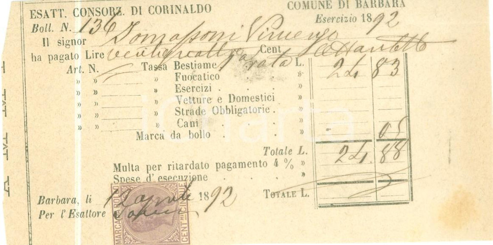 Documento originale, autentico 1892 BARBARA AN Vincenzo TOMASSONI paga tassa bestiame Ricevuta 1
