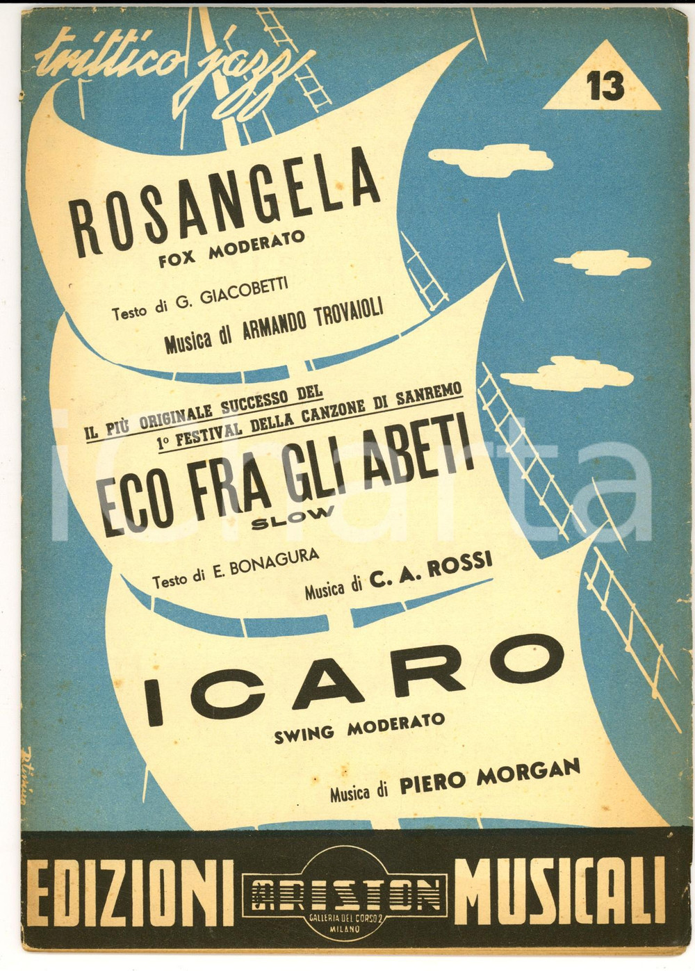 Oggetto da collezione cartaceo 1951 Trittico JAZZ Rosangela  Eco fra gli abeti  Icaro Spartiti ed. ARISTON 1