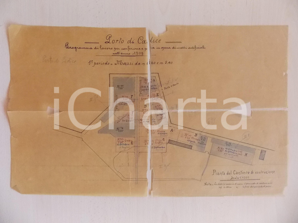 Stampa, bozzetto originale 1909 CADICE SPAGNA Progetto posa massi artificiali al porto 30x50 DANNEGGIATO 1