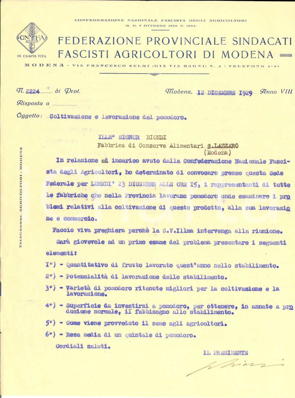 Documento originale, autentico 1929 MODENA Sindacati Fascisti Agricoltori  Riunione per coltivazione pomodoro 1