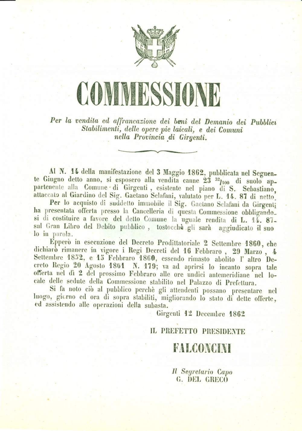 Documento originale, autentico 1862 GIRGENTI AG Vendita fondi Piano SAN SEBASTIANO a Gaetano SCLAFANI 1