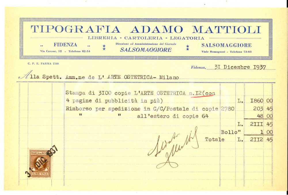 Documento originale, autentico 1937 FIDENZA PR Tipografia Adamo MATTIOLI Fattura per stampa riviste 1
