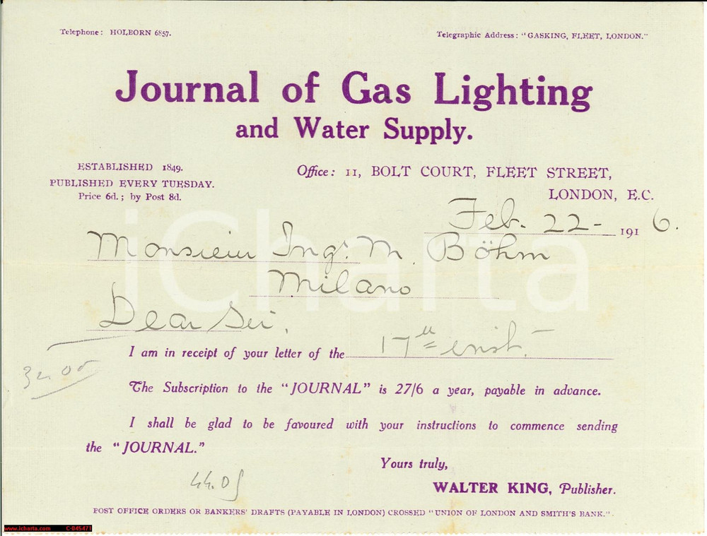 Documento originale, autentico 1916 LONDON Journal of Gas Lighting abbonamento BOHM 1