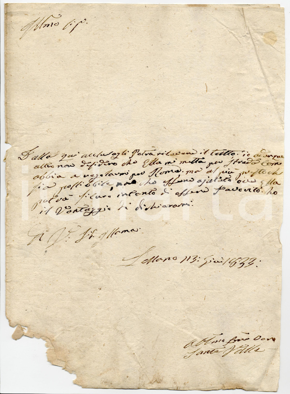 Documento originale, autentico 1833 SELLANO (PG) Santo VALLE pronto a partire per il cav. Stefano SPADA 1