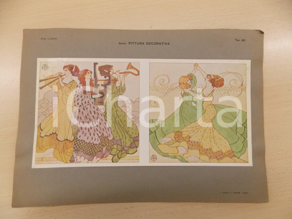 Stampa, bozzetto originale 1920 ca PITTURA DECORATIVA Fanciulle in musica Tavola ed. CRUDO TORINO 35x25 1
