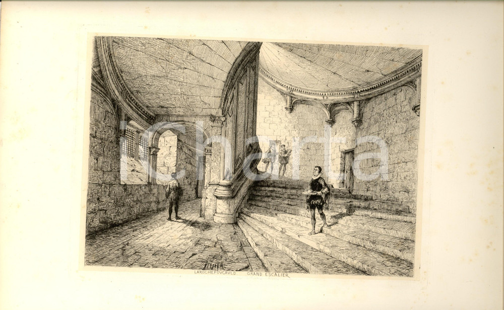 Stampa, bozzetto originale 1909 PARIS Vieilles murailles de France - La Rochefoucauld, grand escalier 1