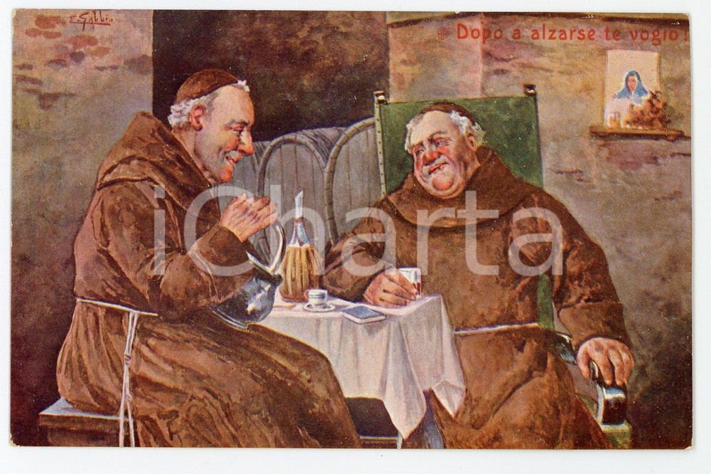 1900 ca HUMOUR Frati in osteria - Dopo a alzarse te vogio - Cartolina FP NV  Cartolina d'epoca, non viaggiata.ILLUSTRATORE: G. Gabbio FAIR/discreto Lievi mussature agli angoli Formato: FP originale e autentica 1