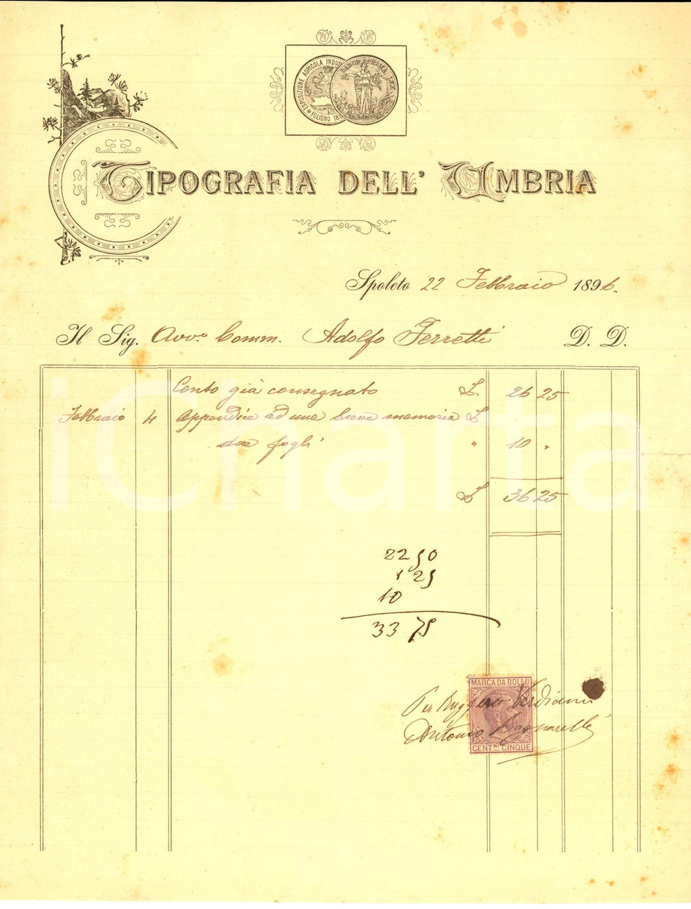 Documento originale, autentico 1896 SPOLETO PG Tipografia DELL UMBRIA Fattura per stampa appendice 1