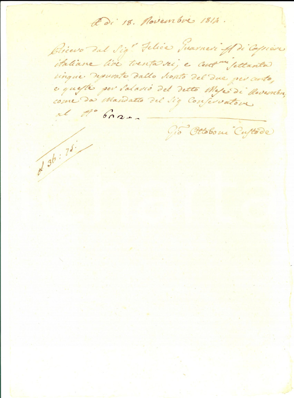 Documento originale, autentico 1814 CREMONA Ricevuta custode Giovanni OTTOBONI a Felice GUARNERI *Manoscritto 1