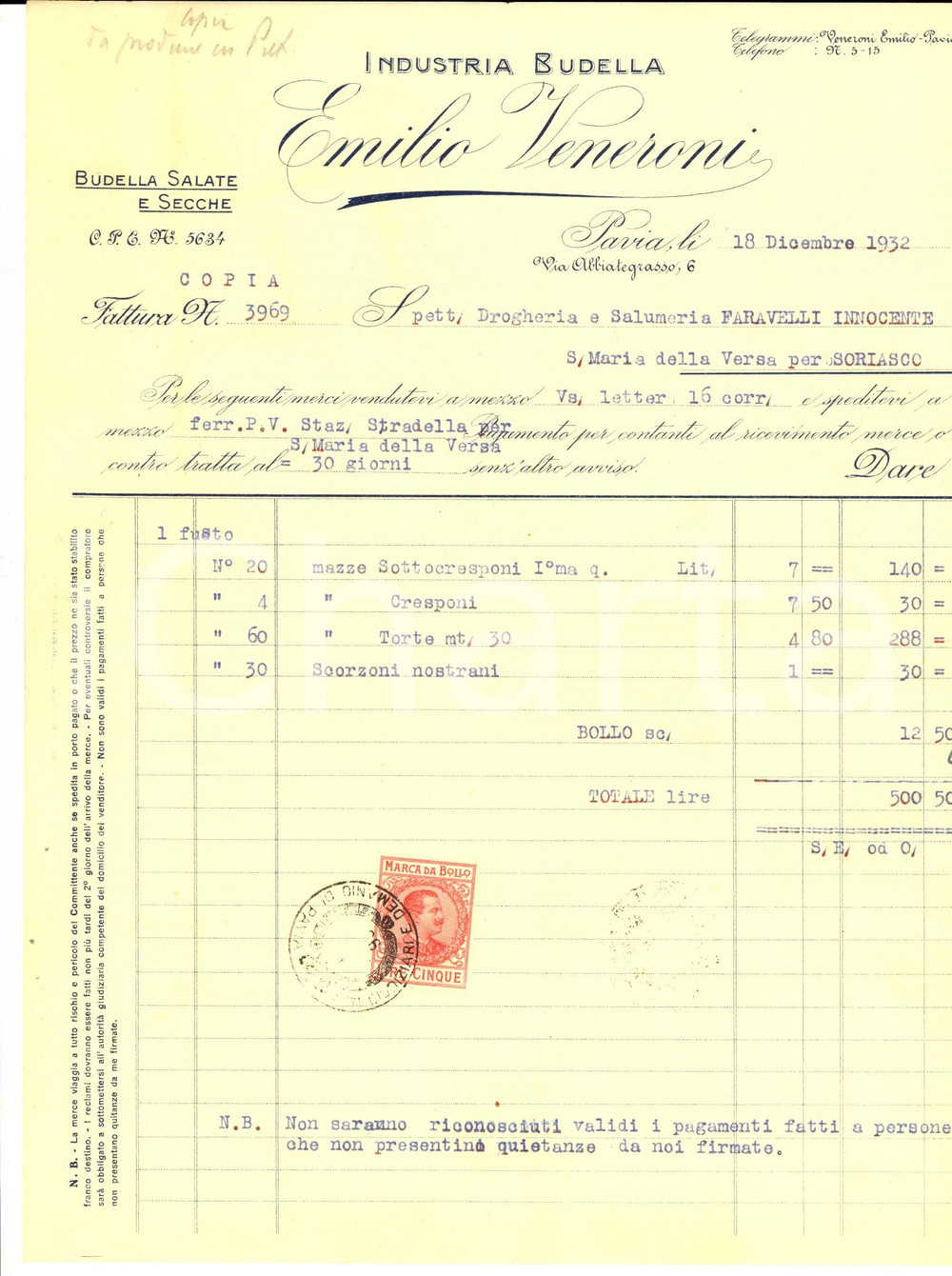 Documento originale, autentico 1932 PAVIA Ditta Emilio VENERONI Fabbrica budella Fattura intestata cresponi 1