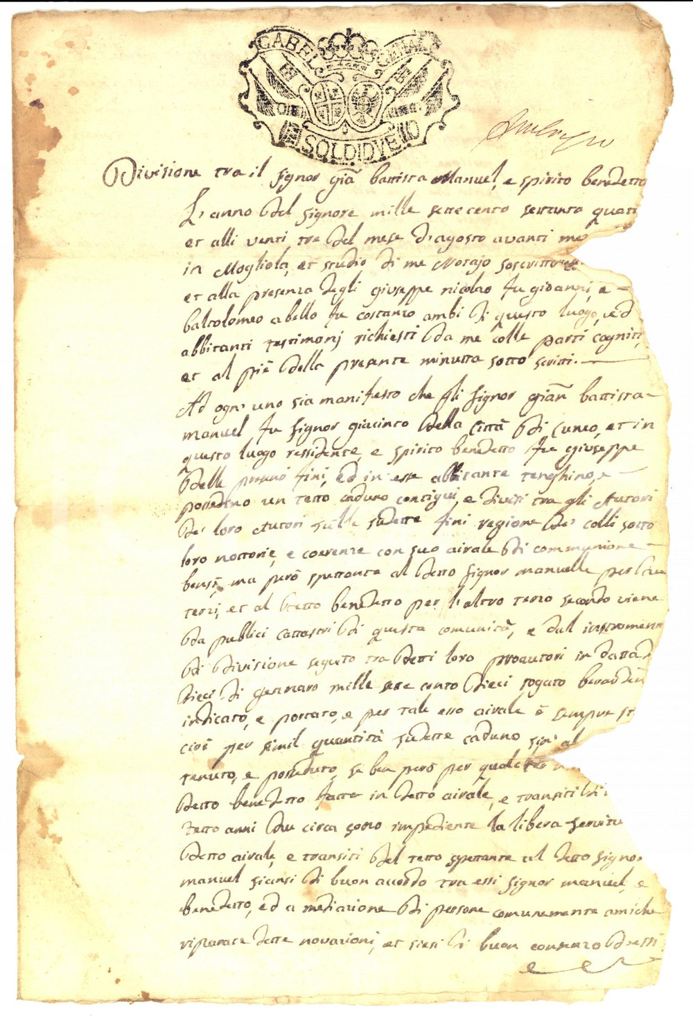 Documento originale, autentico 1774 MOIOLA CN Divisione terre Giovanni Battista MANUEL e Spirito BENEDETTO 1