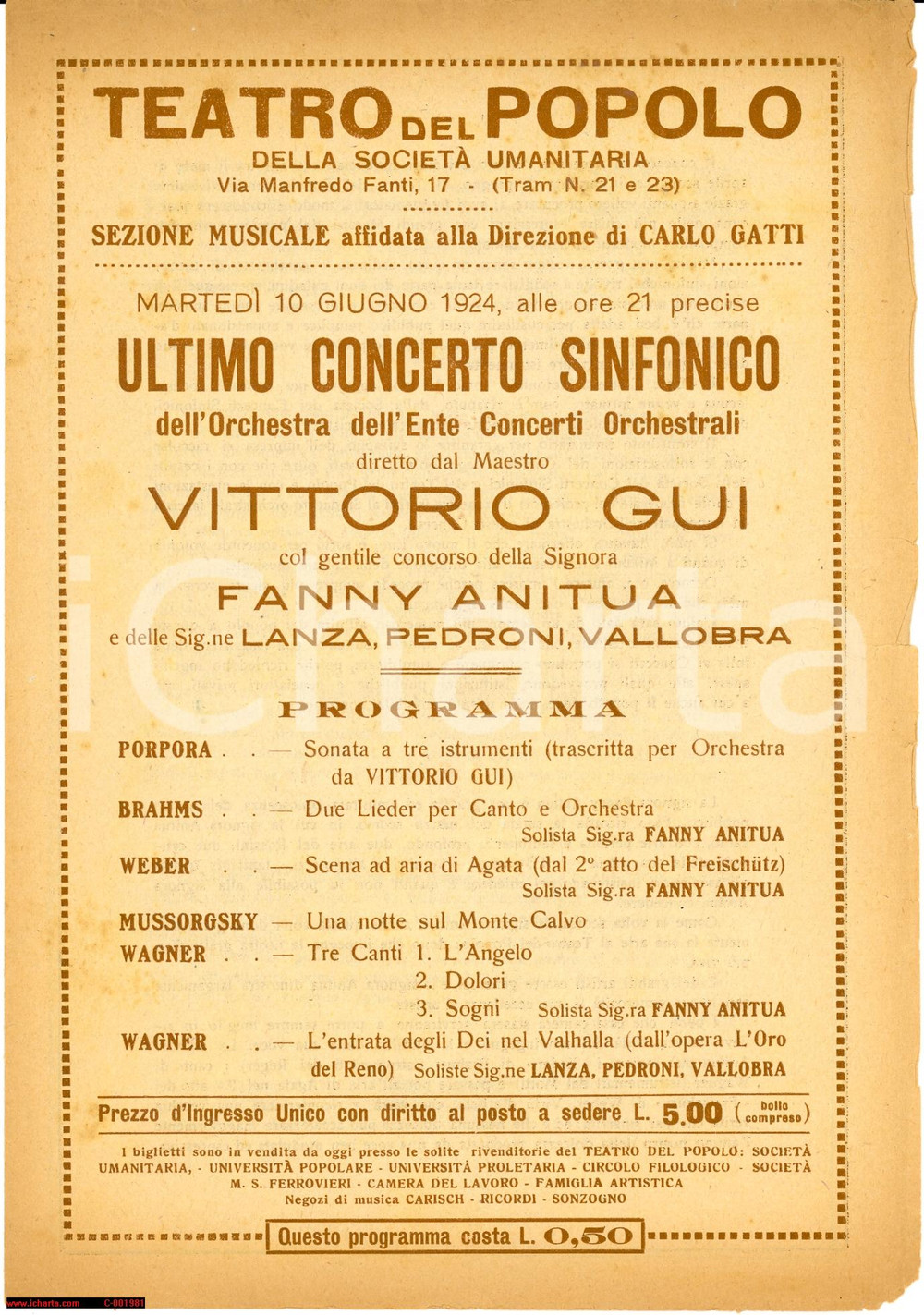 Materiale pubblicitario d’epoca 1924 MILANO SOCIETA' UMANITARIA Concerto Vittorio GUY Fanny ANITUA 1