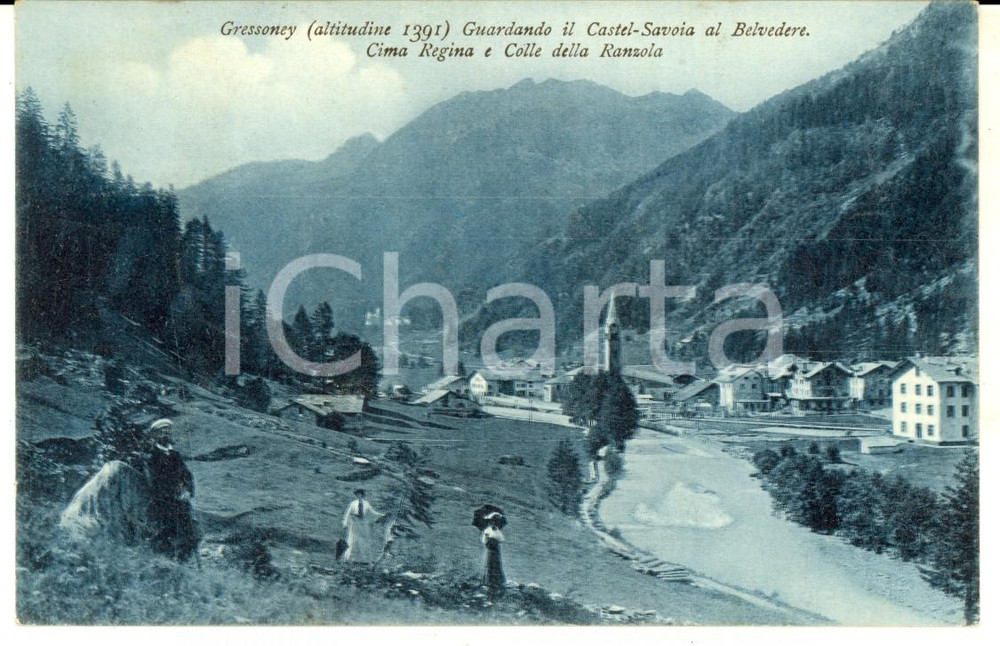 Cartolina originale da collezione 1906 GRESSONEY AO Veduta verso Castel SAVOIA Cartolina ANIMATA FP VG 1
