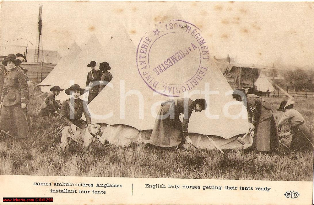 Cartolina originale da collezione 1915 BROUSURCHANTREINE Infermiere piantano tenda FP 1