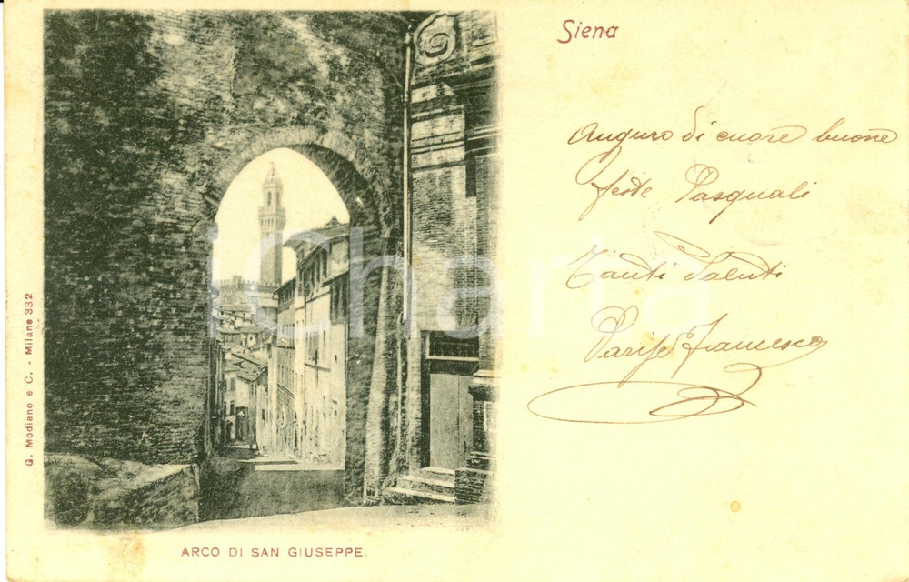 Cartolina originale da collezione 1901 SIENA Torre del MANGIA vista attraverso ARCO SAN GIUSEPPE Cartolina FP VG 1