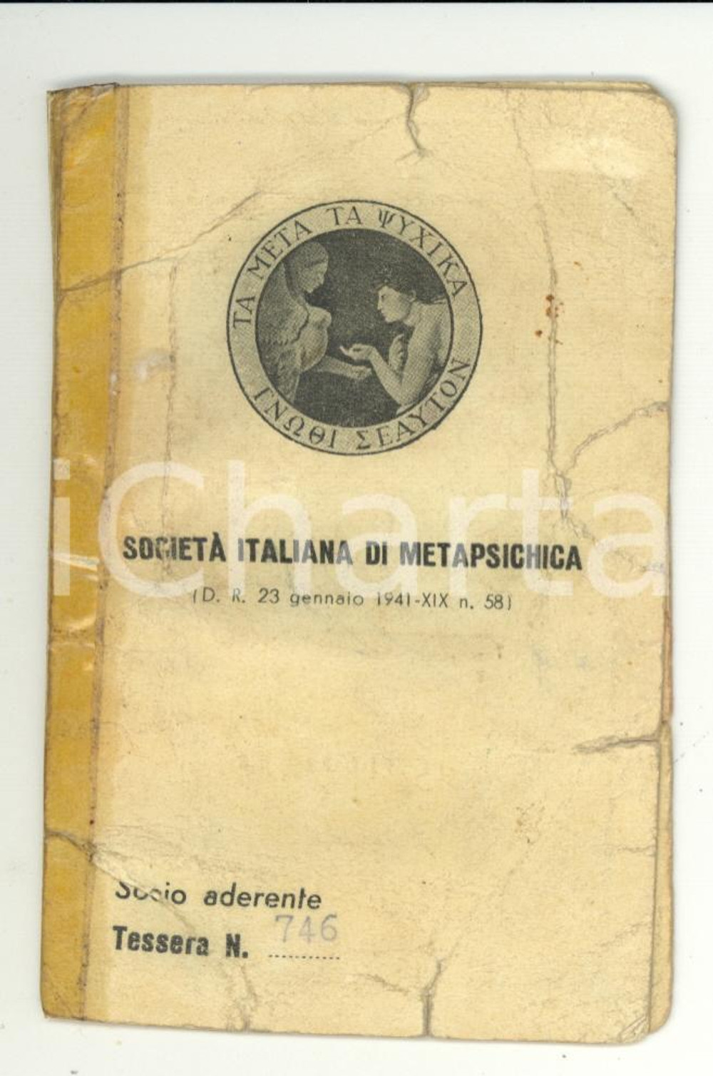 Oggetto da collezione cartaceo 1942 SOCIETA  ITALIANA METAPSICHICA Tessera rara LEGGASI BENE DESCRIZIONE 1