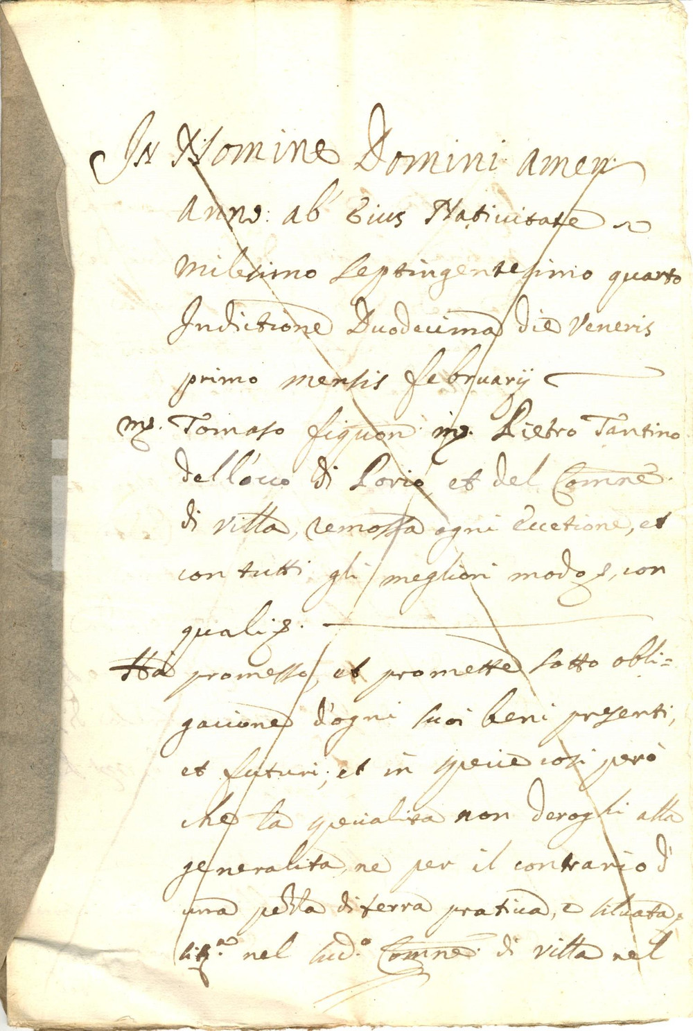 Documento originale, autentico 1704 VILLA DI CHIAVENNA (SO) Debitore Tommaso TANTINO offre garanzia sui beni 1
