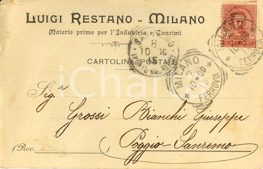 Cartolina originale da collezione 1900 MILANO Luigi RESTANO materie prime per industria e concimi INTESTATA FP VG 1