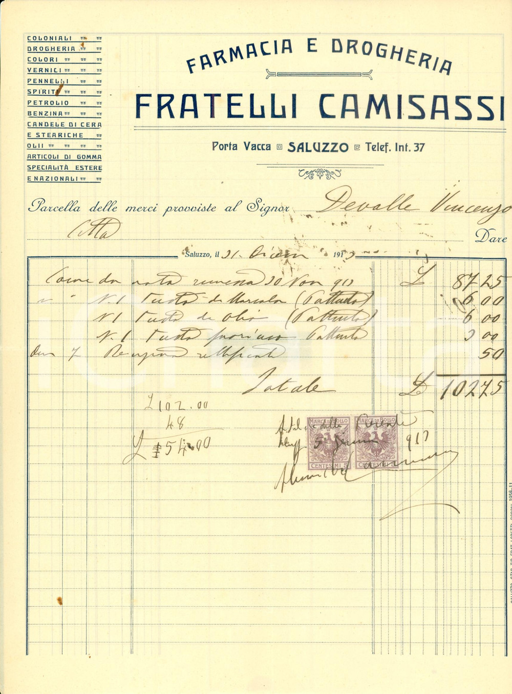 Documento originale, autentico 1913 SALUZZO (CN) Farmacia drogheria Fratelli CAMISASSI *Fattura commerciale 1