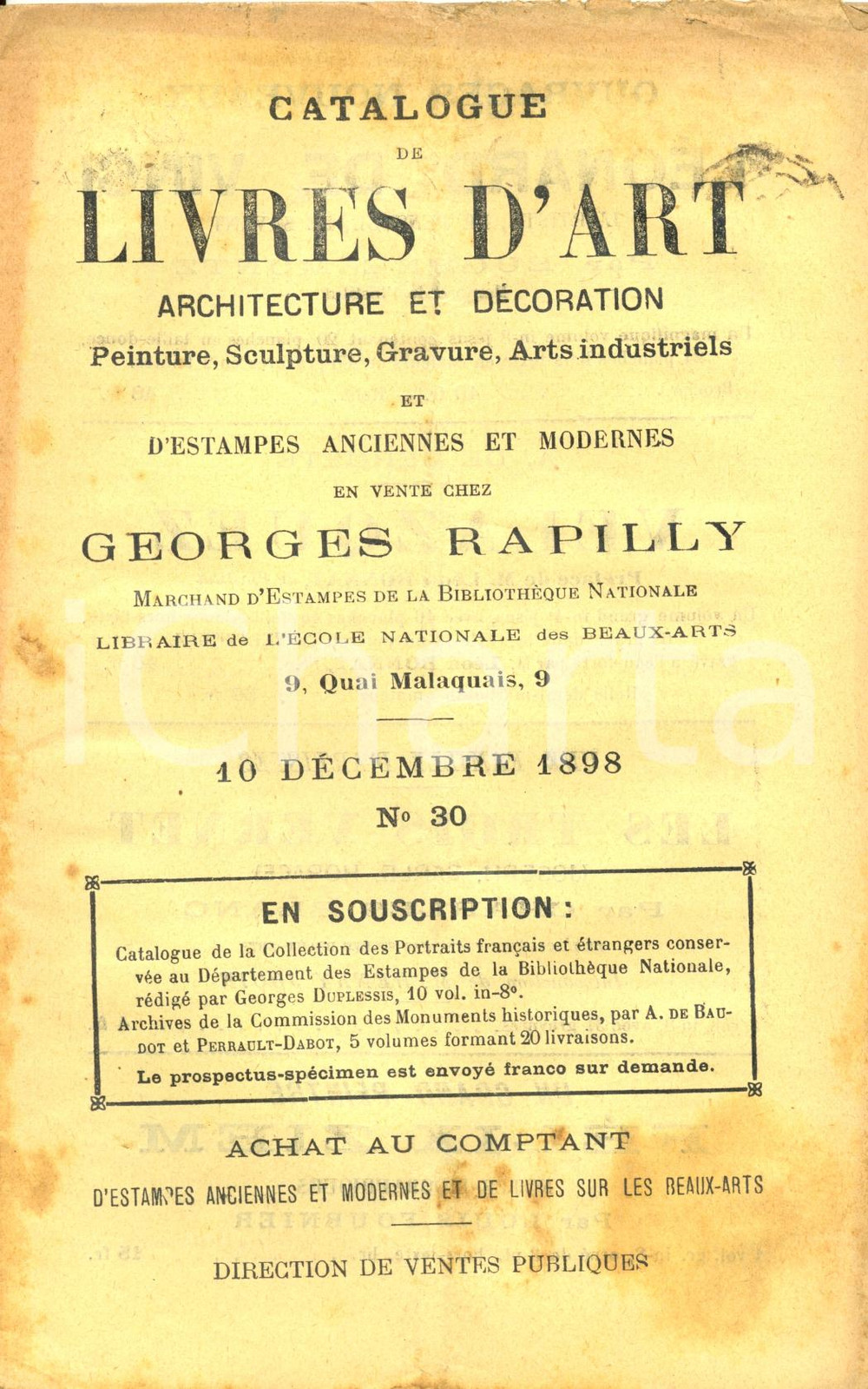Libro, pubblicazione d epoca 1898 PARIS Librairie GEORGES RAPILLY Catalogue LIVRES D ART architecture NÂ° 30 1