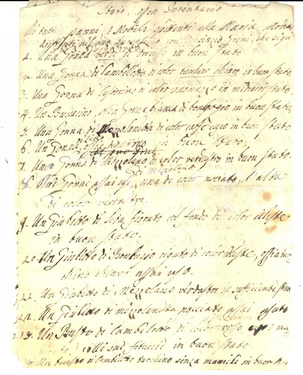 Documento originale, autentico 1806 PIOBBICO ? Inventario beni dotali nozze Maria MODETTI  Vincenzo GRINI 1