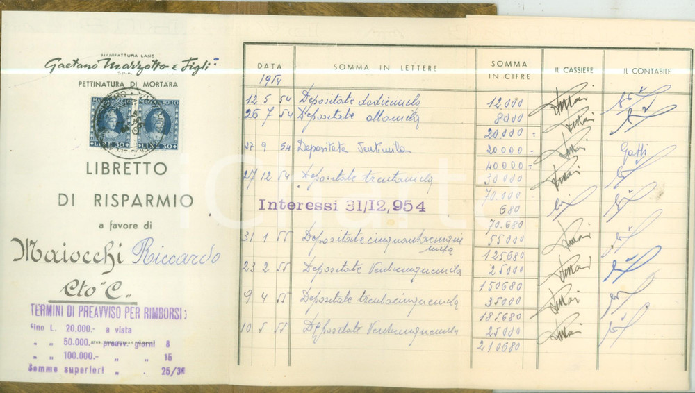 Oggetto da collezione cartaceo 1954-1958 MORTARA Libretto risparmio Riccardo MAIOCCHI Lane MARZOTTO 1