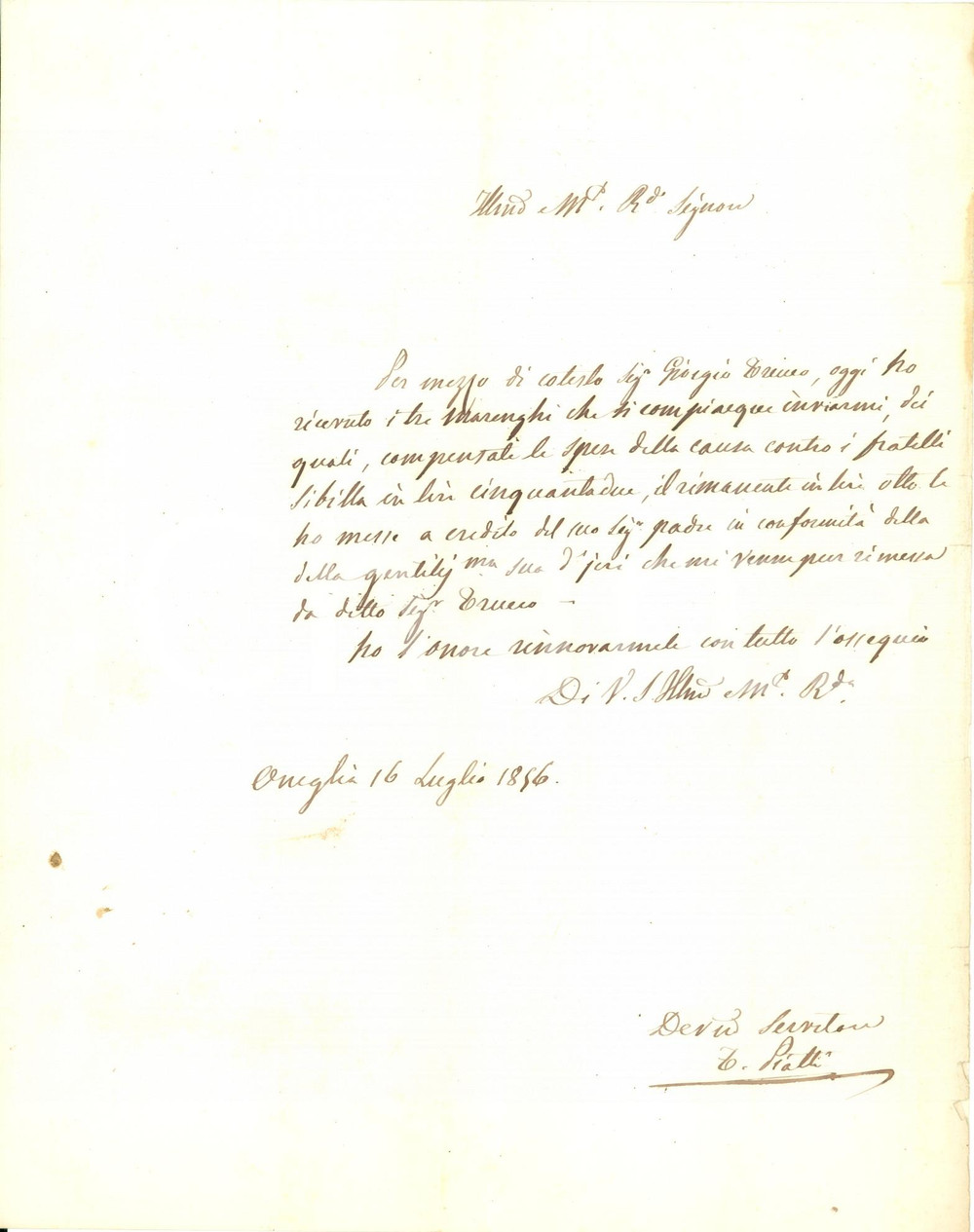 Documento originale, autentico 1856 ONEGLIA IM Tre marenghi per avvocato Tommaso PIATTI Lettera 1