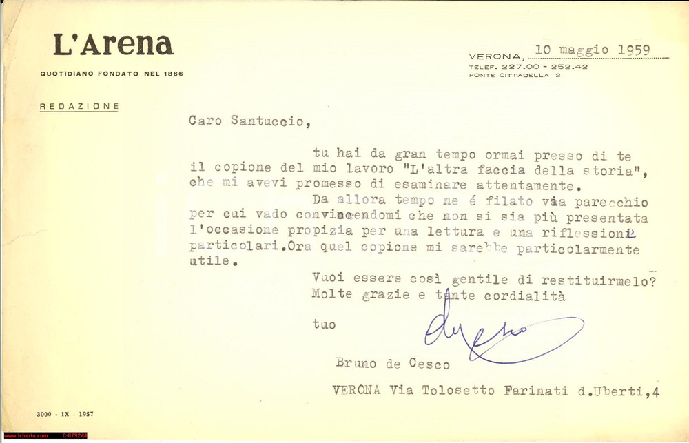 Autografo originale 1959 BRUNO DE CESCO chiede copione a GIANNI SANTUCCIO 1