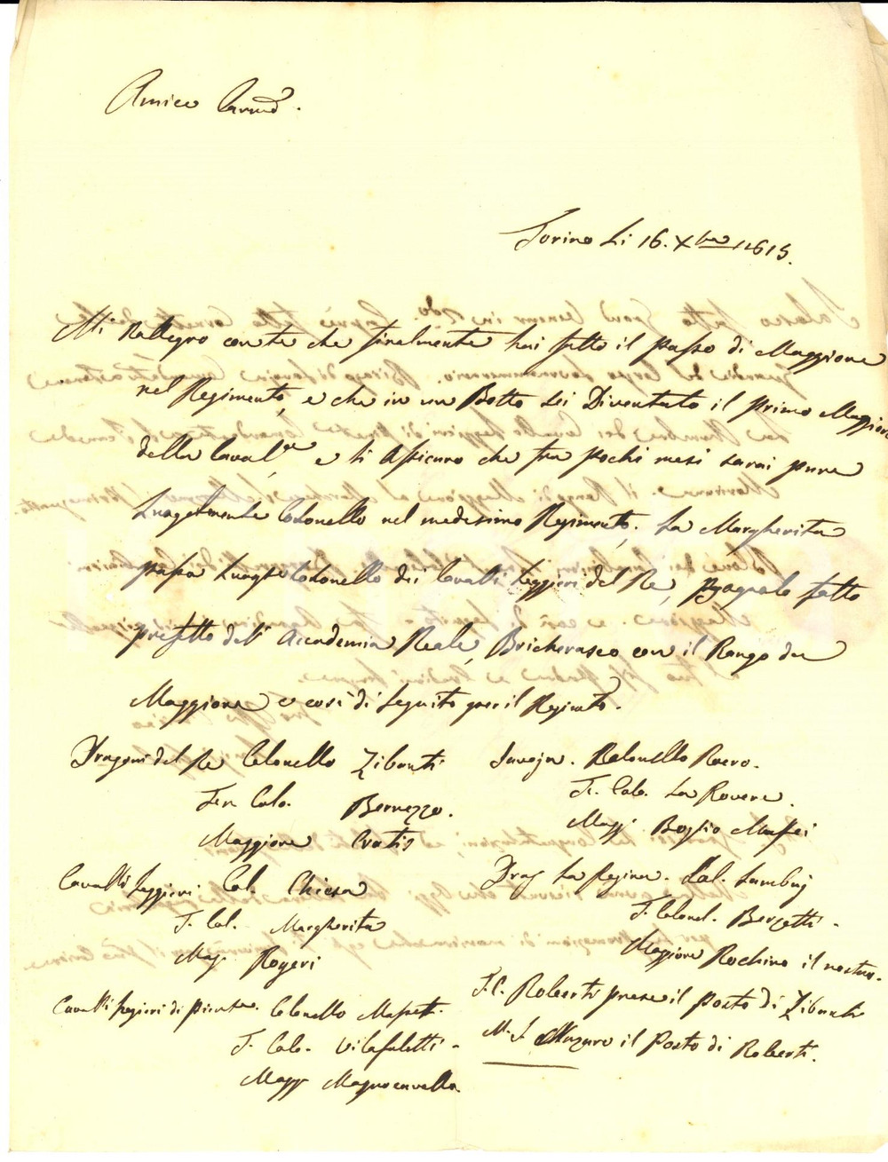 Documento originale, autentico 1815 TORINO Cav. Giovanni Angelo CALCAMUGGI brillante carriera militare Lettera 1