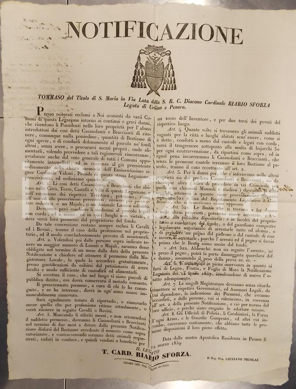 Documento originale, autentico 1839 PESARO Abusi braccianti che pascolano bestiame nei fondi altrui Manifesto 1