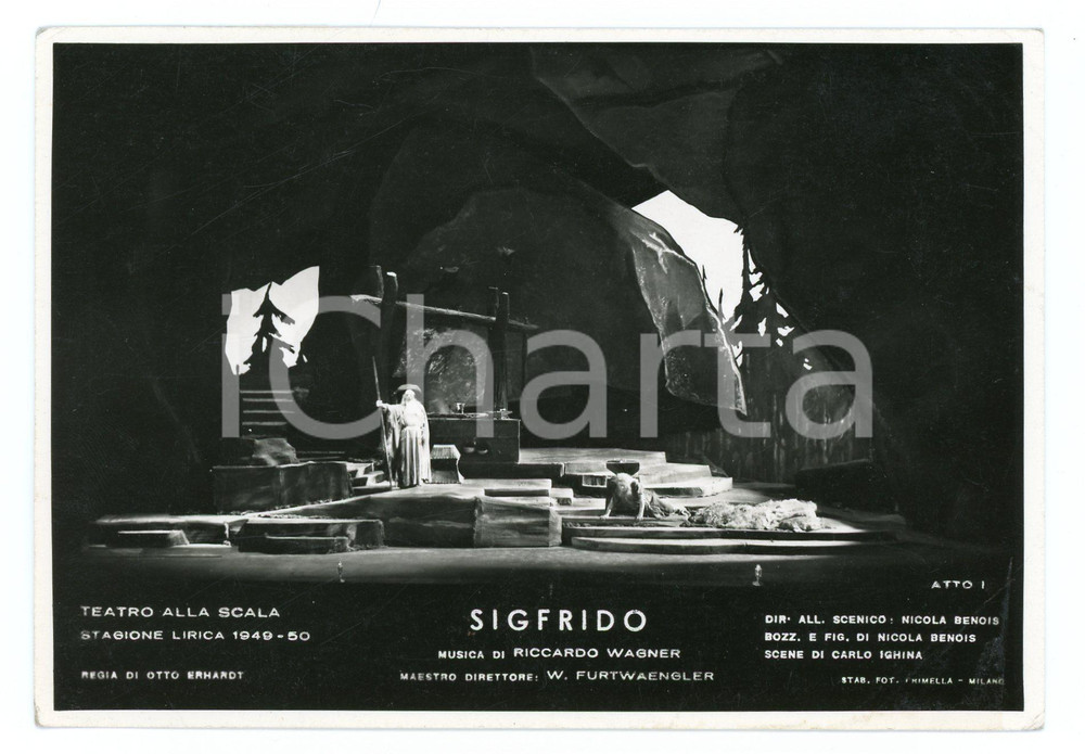 Cartolina originale da collezione 194950 MILANO Teatro alla SCALA Sigfrido  Scene BENOIS Atto I Foto seriale 1