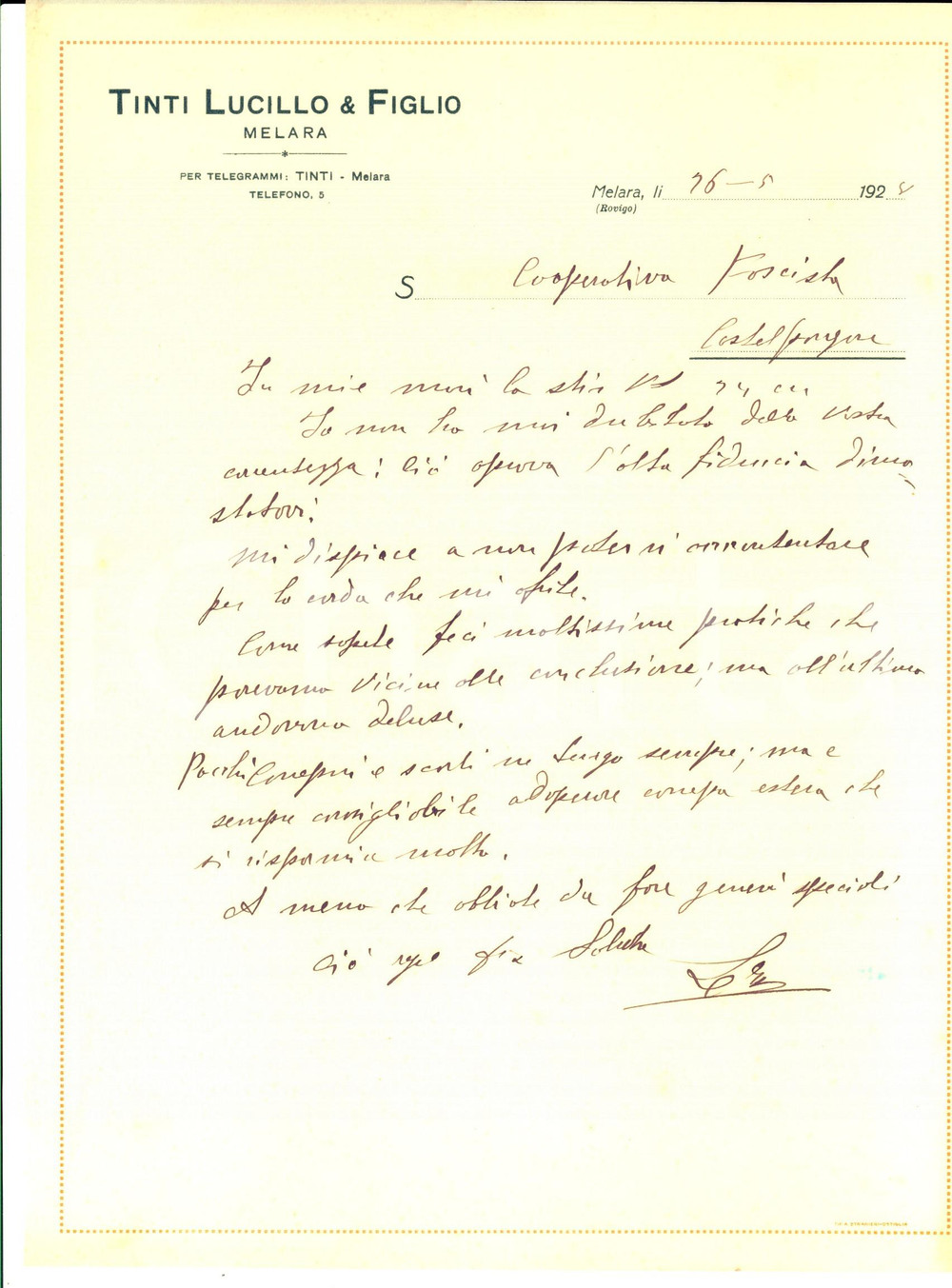 Documento originale, autentico 1928 MELARA (RO) Lucillo TINTI & Figlio su fornitura corda *Lettera commerciale 1