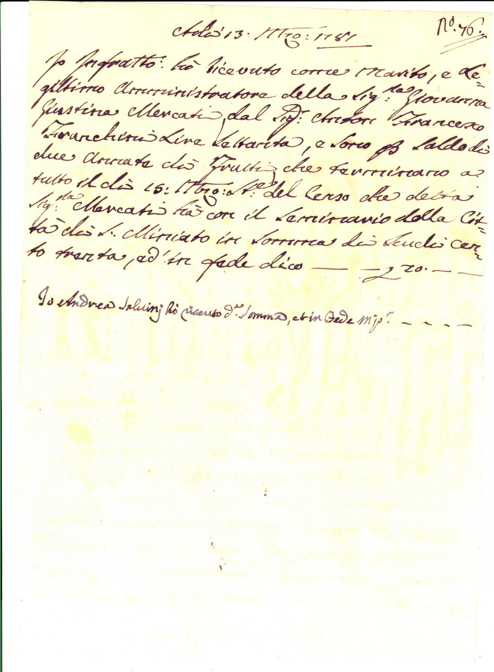 Documento originale, autentico 1781 SAN MINIATO (PI) Censi Giovanna Giustina MERCATI per Seminario cittadino 1