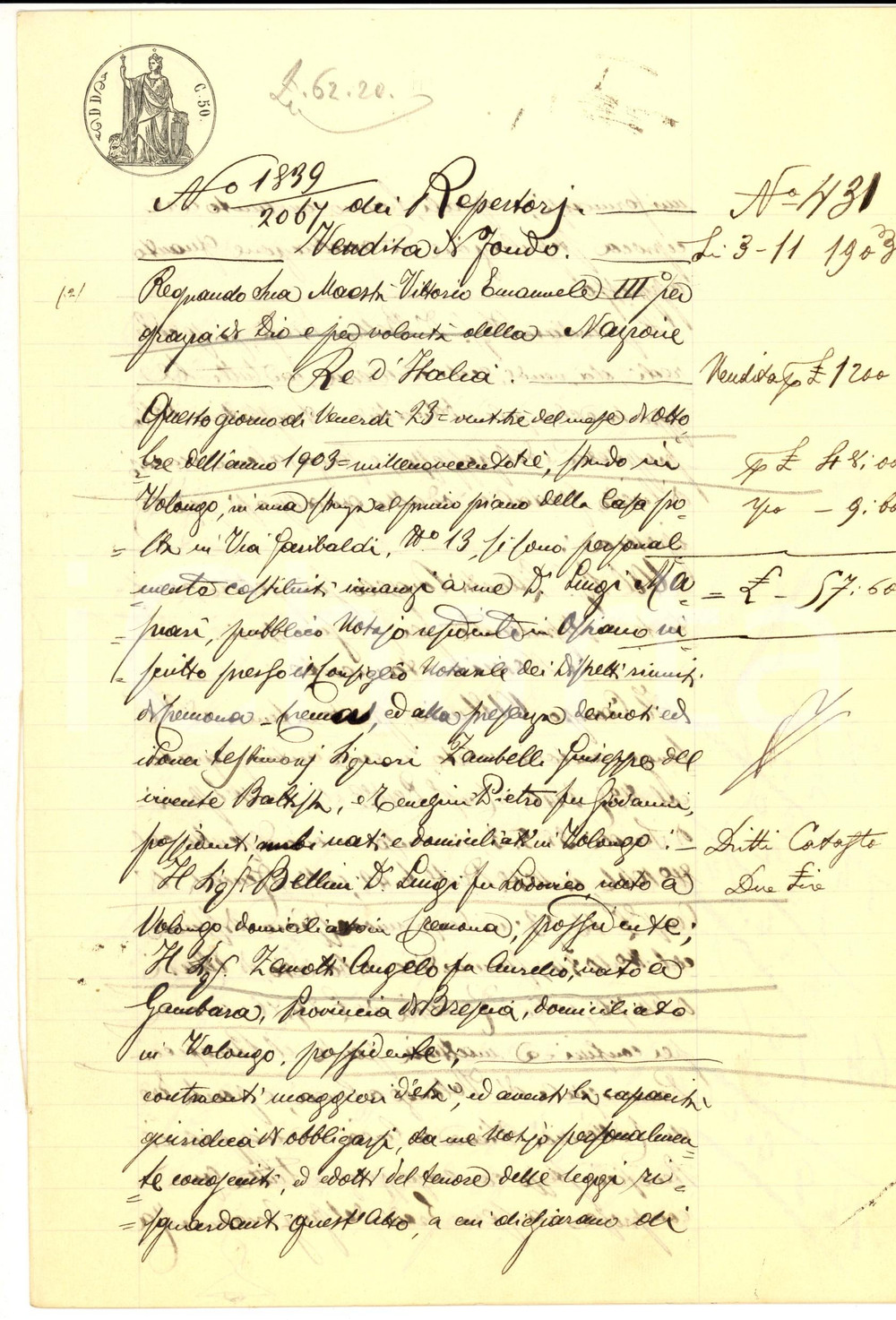 Documento originale, autentico 1903 VOLONGO CR Don Luigi BELLINI vende campo vitato ad Angelo ZANOTTI 1