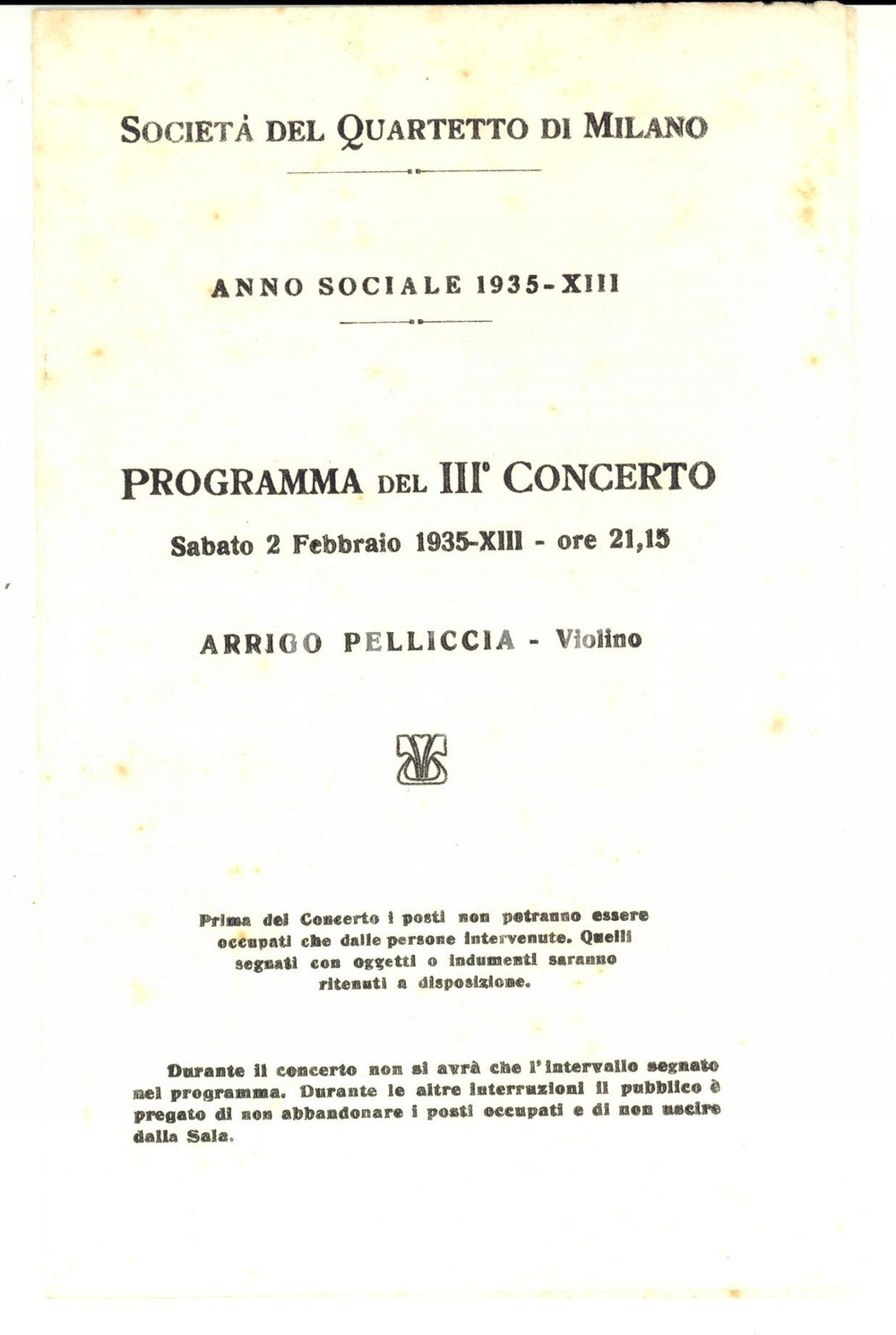 Documento originale, autentico 1935 MILANO Società  del Quartetto concerto di Arrigo PELLICCIA violinista 1