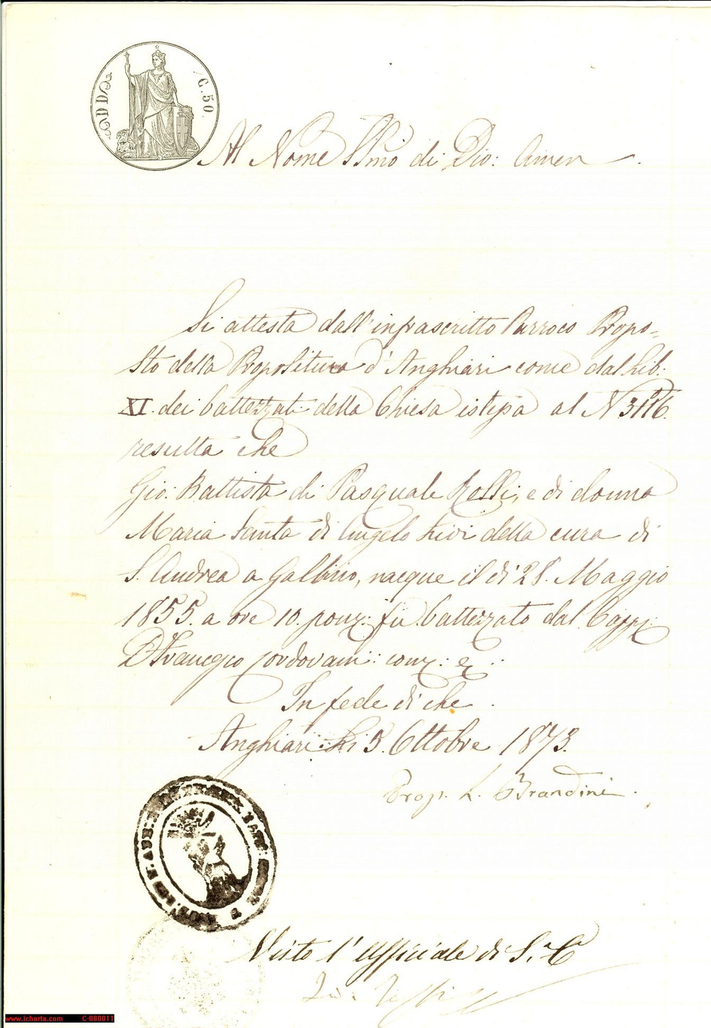 Documento originale, autentico 1873 ANGHIARI AR Battesimo Giovanni Battista ROSSI 1