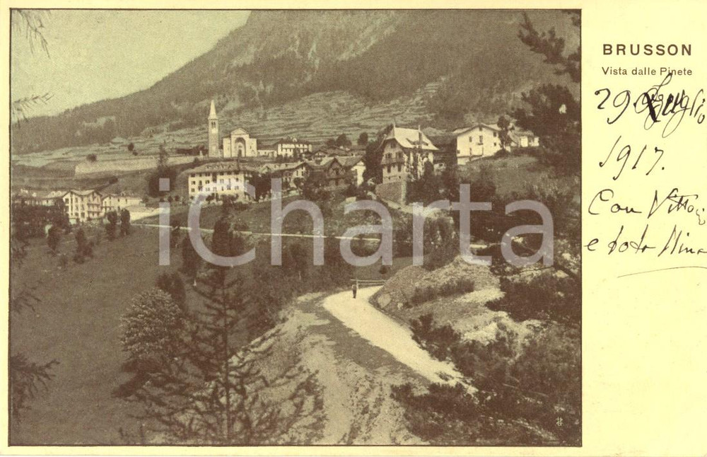 Cartolina originale da collezione 1917 BRUSSON (AO) Valle EVANCON Veduta del paese dalle pinete *Cartolina FP NV 1