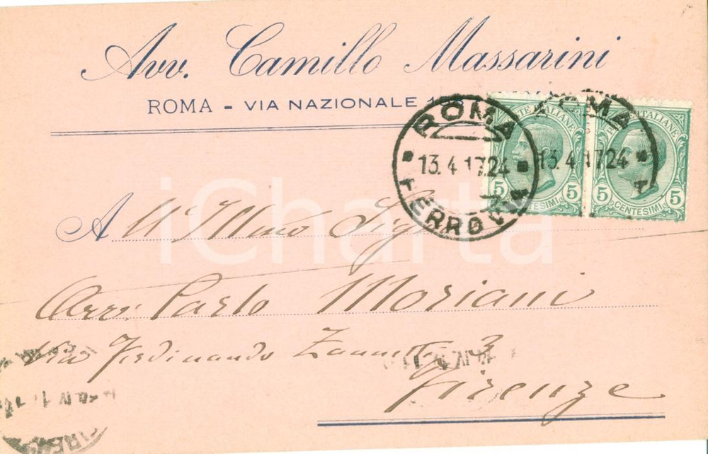 Documento originale, autentico 1917 ROMA Avvocato Camillo MASSARINI Cartolina intestata FP VG 1
