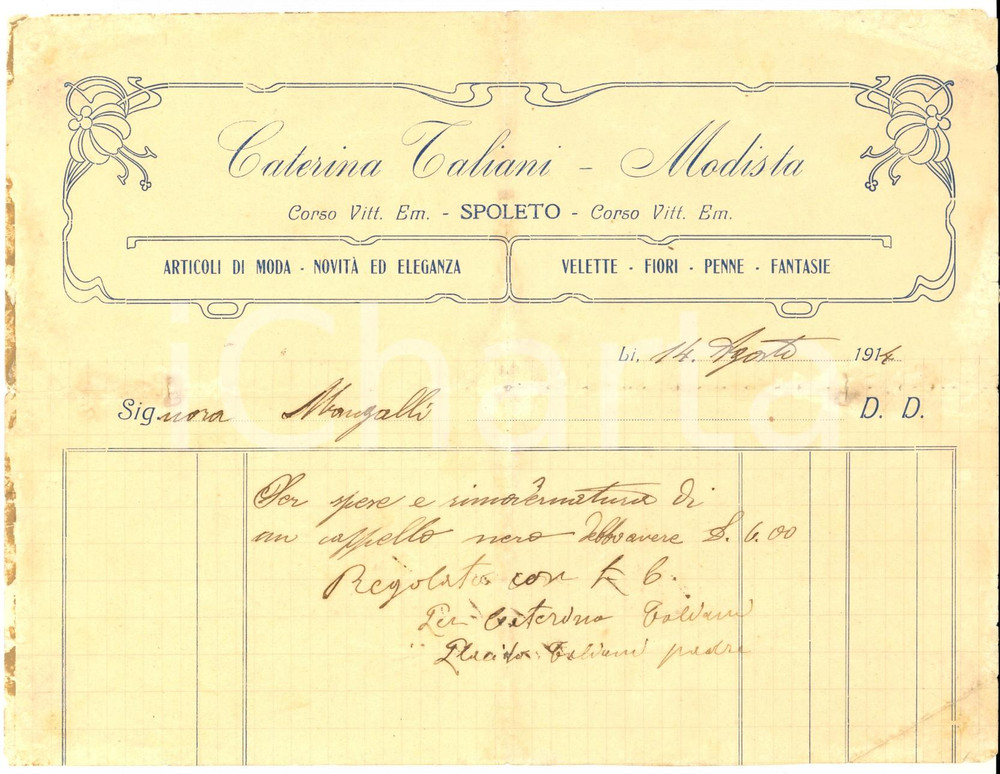 Documento originale, autentico 1914 SPOLETO PG Caterina TALIANI modista  Fattura per rimodernatura cappello 1